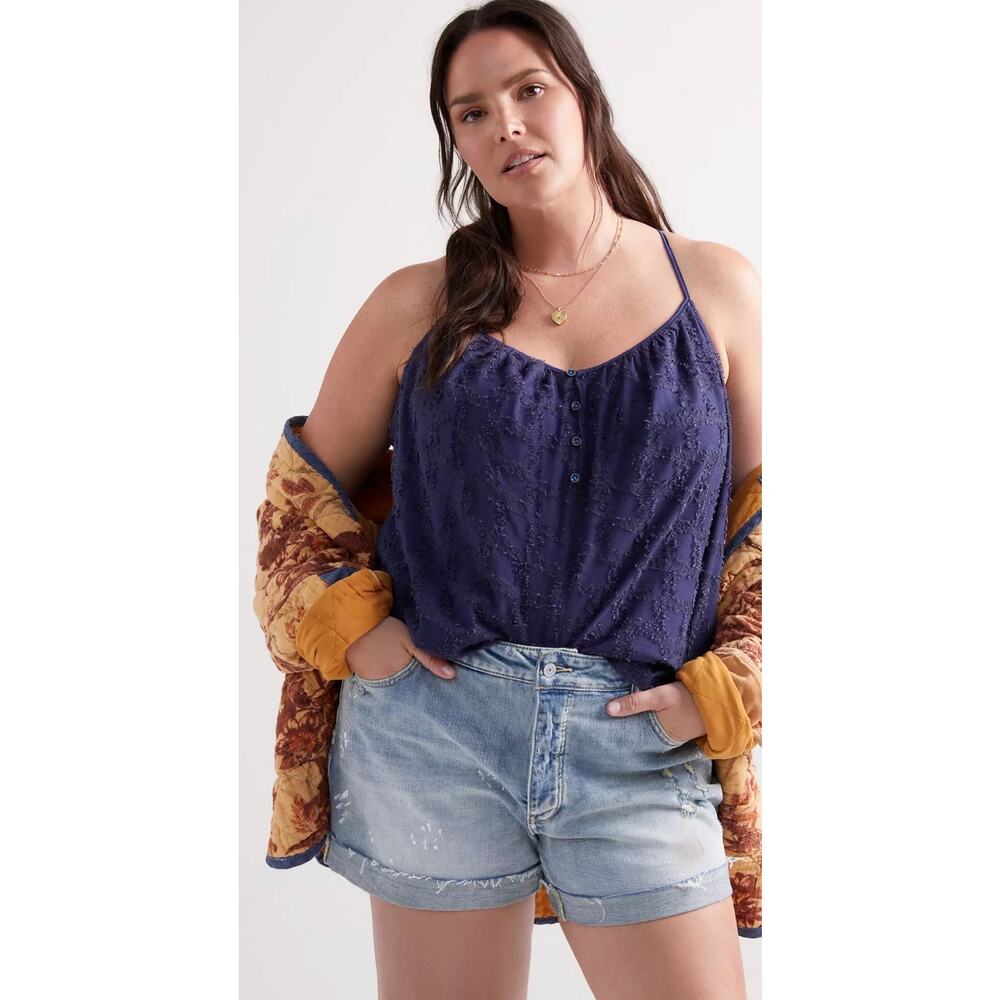 Anthropologie Kit Navy Blue Textured Button Racerback Tank 3X Boho Coastal Chic
